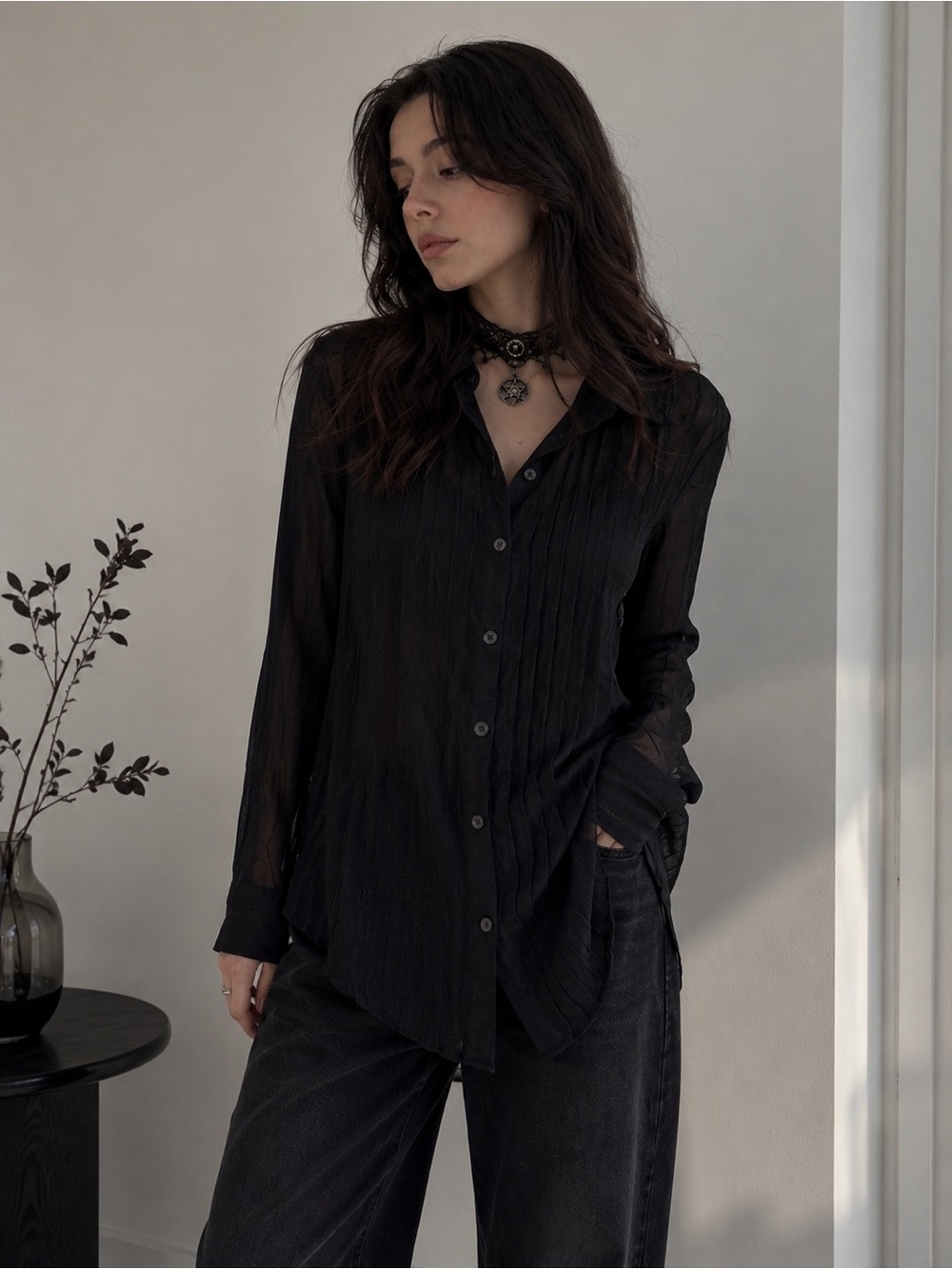 Zara Black Sheer Pleated Button-Up Blouse Gothic Whimsigoth Medium Minimalist